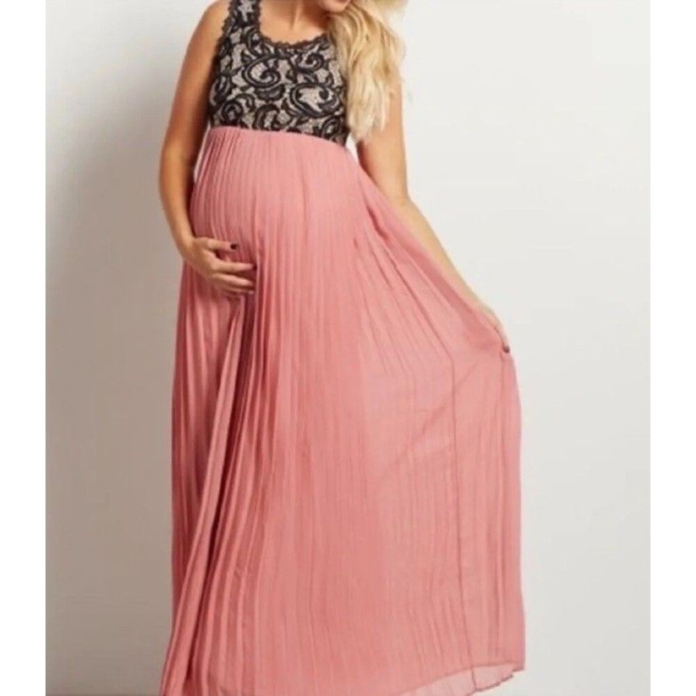 Pink Blush Maternity Maxi Dress Small Black Pink Sleeveless Lace Chiffon NEW